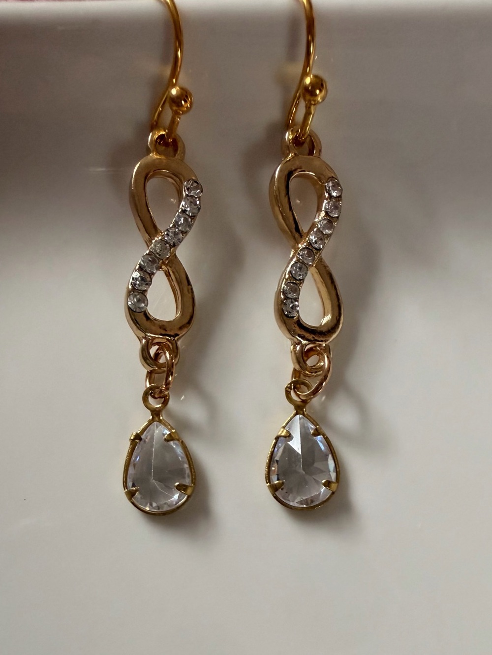 Gold Infinity Drop Earrings with Clear Crystals